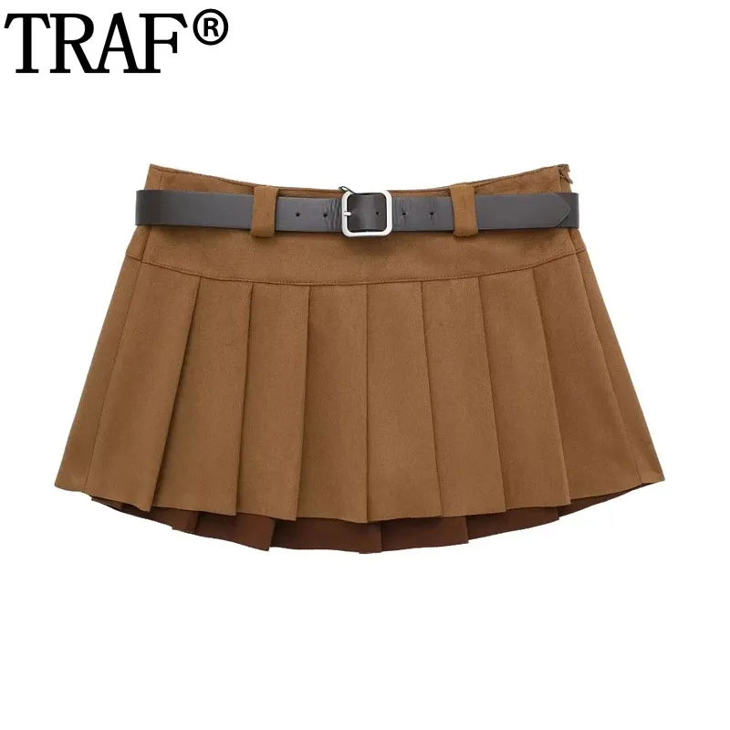 

TRAF 2024 Belt Pleated Skirt Pants Women Faux Suede Mini Skirt Woman Y2K Mid Rise Skort For Women Fashion A Line Girls Skirt