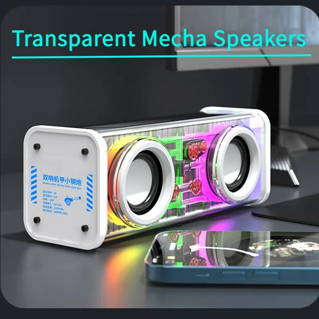 V8 Transparent Mecha Speakers Bluetooth 5.0 Wireless Double Bass Diaphragm Subwoofer Music TWS RGB Light Mini Party Loudspeaker