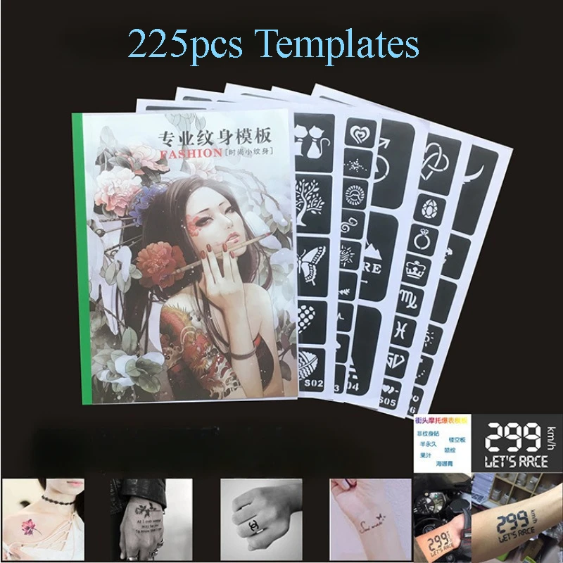 Henna Tattoo Stencils 225pcs Airbrush Glitter Tattoo Stencil Album Woman Kid Drawing Template Small Cute Flower Butterfly Cartoon Henna Tattoo Stencil