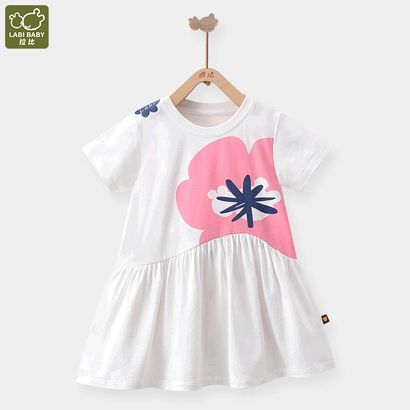 

LABI BABY Kids Dresses for Girls Cotton Knee Length Casual Print Round Neck Dress for Children Spring Clothes