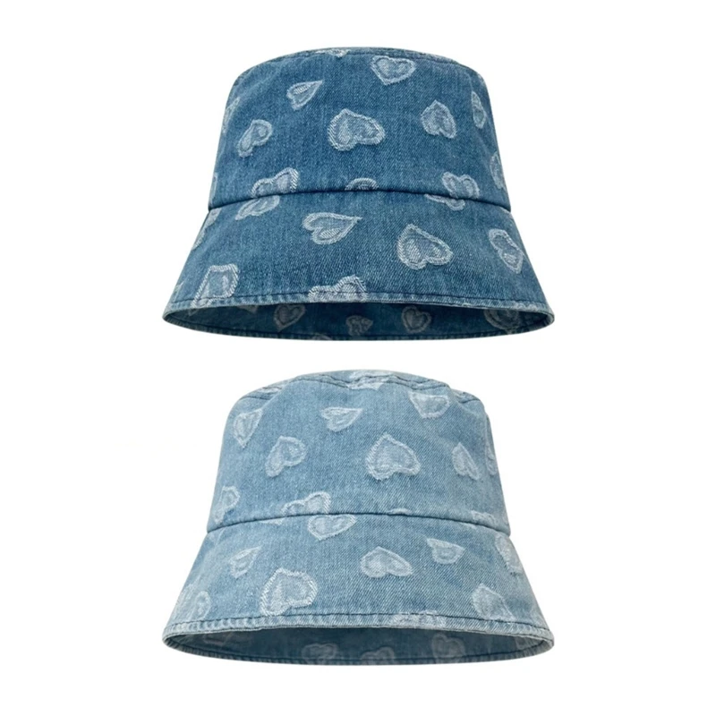 

Bucket Hat for Adult Teenagers Portable Fisherman Hat Wide Brim Spring Summer Anti-UV Hat with Heart Pattern Decor
