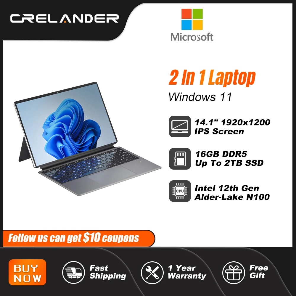 Crelander 2 In 1 Laptop Intel N100 Notebook 14 Pollici 2K Touch Screen Ddr4 16Gb Ram Mini Tablet Pc Laptop Portatili Computer