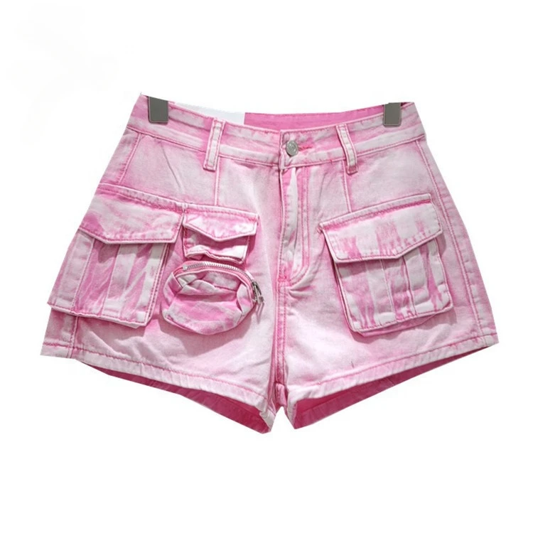 Women Jeans Shorts Multiple Pockets Washed High Waist Wide Leg Patchwork Cargo Short Pants