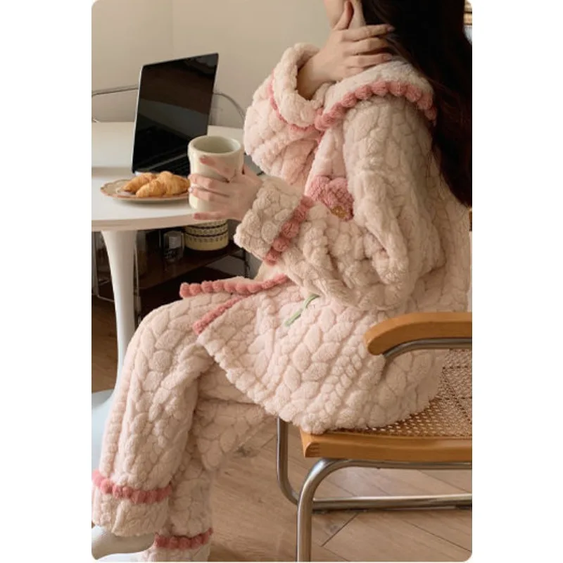 2024 New Coral Fleece Pajamas Women's Autumn Winter Sleepwear Fleece Thickened Warm Homewear Flannel Doll Collar Loungewear Set