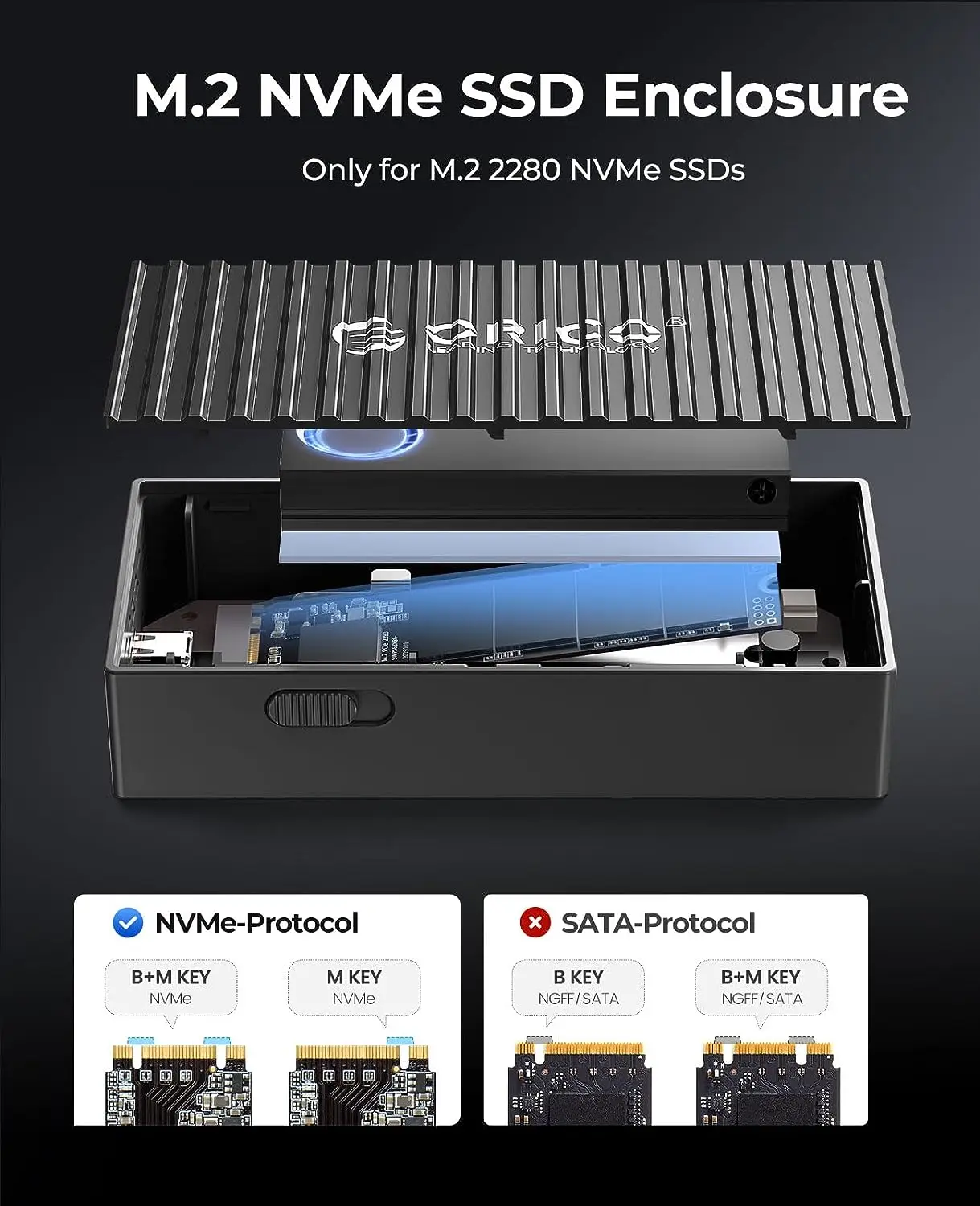 ORICO Boîtier SSD M.2 NVMe, boîtier NVMe USB 3.2 Gen 2x2 (20 Gbit/s),  adaptateur PCIe vers USB3.2, boîtier SSD M2 NVMe en aluminium, clés M et  B+M et