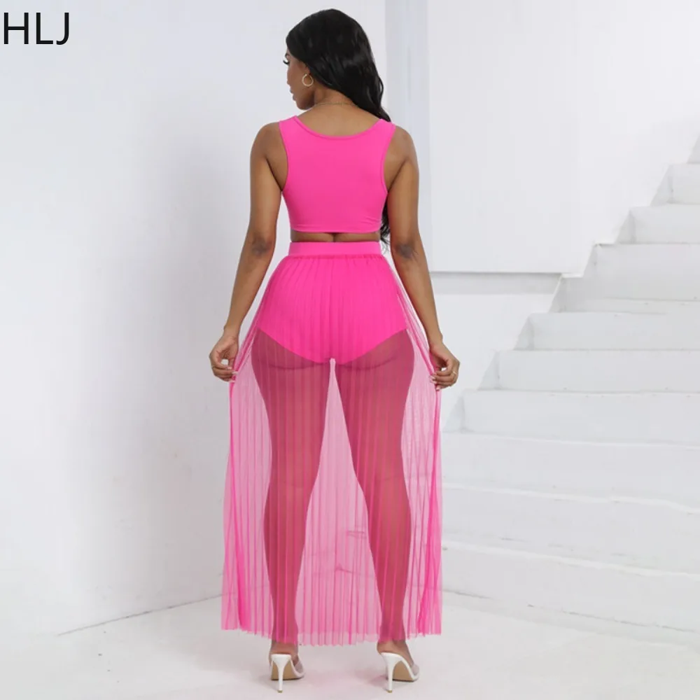 HLJ Fashion Solid Mesh Pleated Skirts Two Piece Sets Women Strap Sleevless Vest And A-line Skirts Outfits Summer Beach Clothing