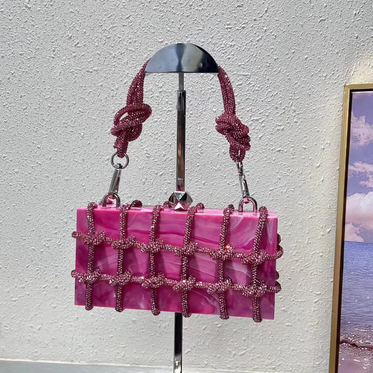 Know Dream 2024 New shiny diamond transparent acrylic box Banquet rhinestone hand-woven rope small square armpit clutch bag