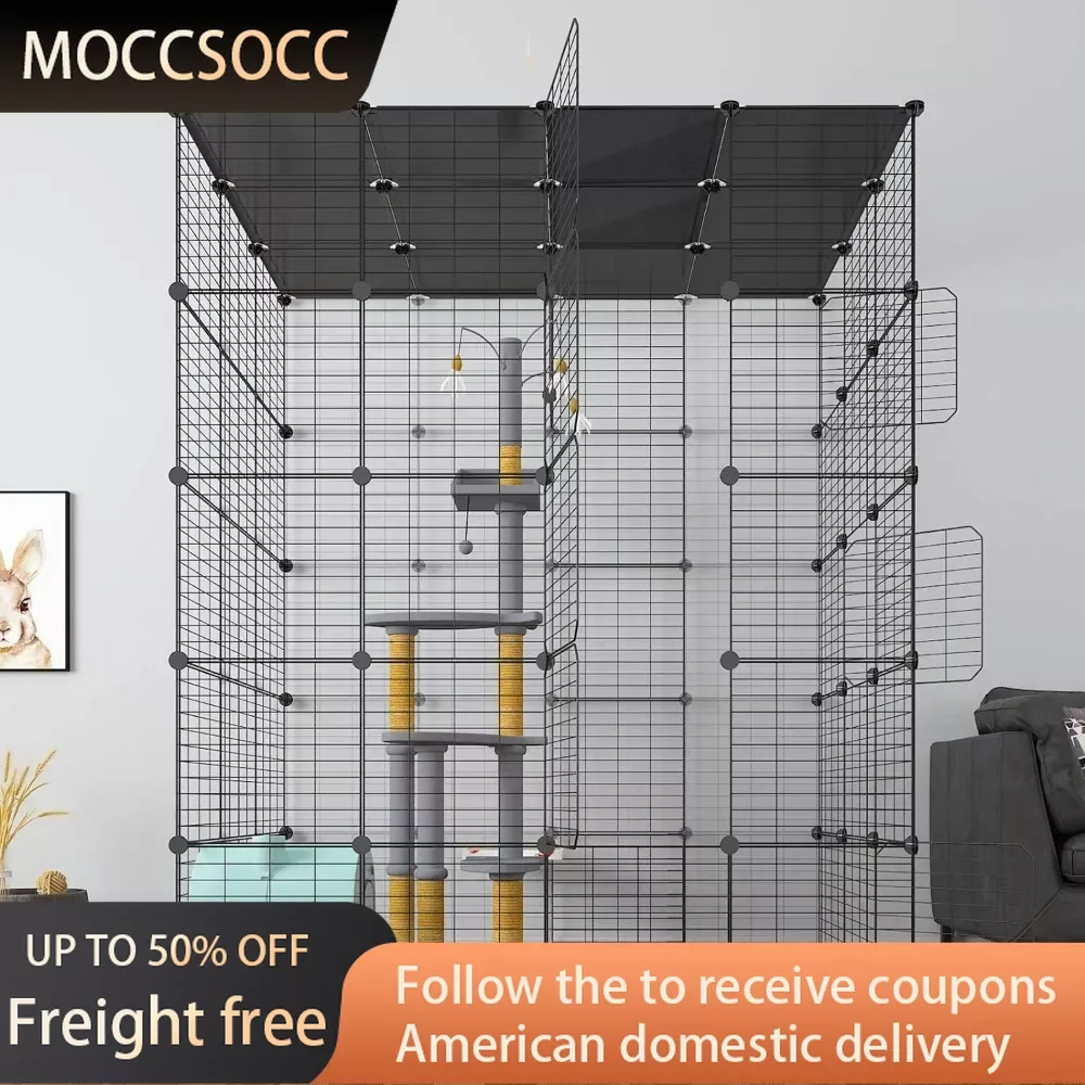 

Cat Cage Indoor Cat Playpen Metal Wire Crate Ideal for 1-4 Cats Pet Accessories 54 L X 41W X 69 H Inch Freight free