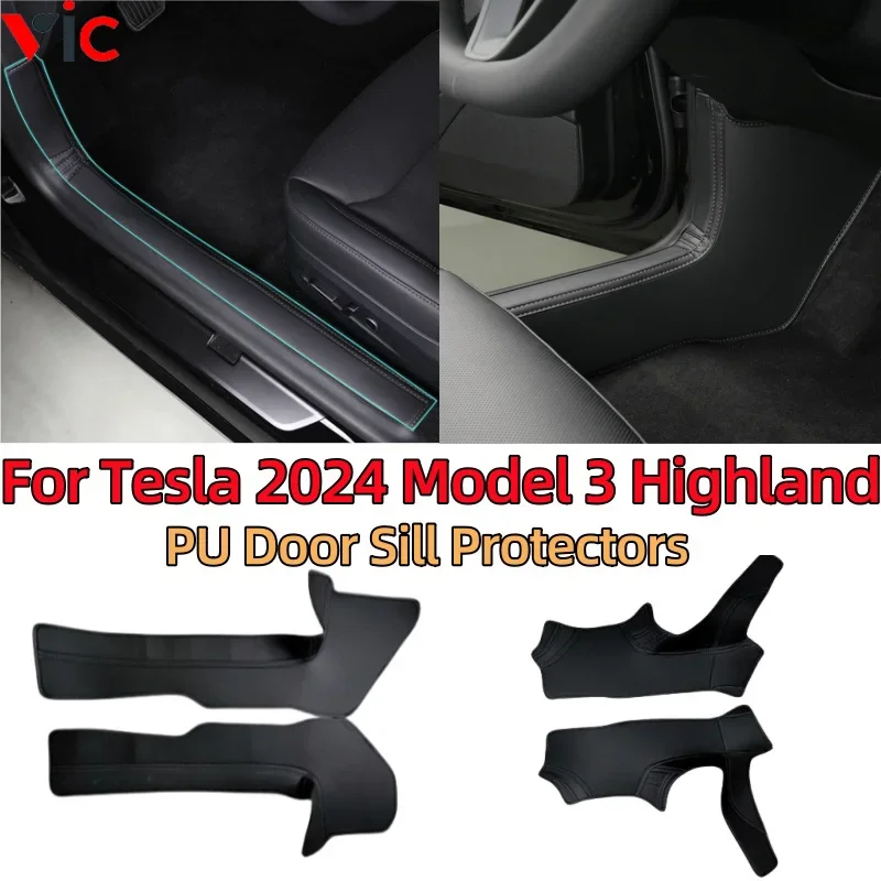 

New 4PCS Black PU Door Sill Protectors for Tesla Model 3 Highland 2024,Door Guard Decoration Scratch-Resistant Accessories