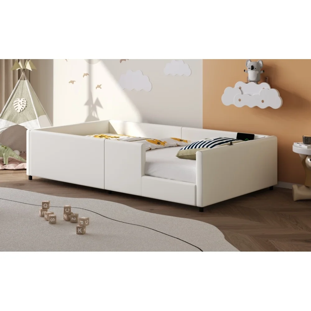 90 x 200 cm modernes gepolstertes Plattformbett mit Geländer und Ladestation, gepolstertes Geländer, stabile Konstruktion, für Schlafzimmer, weiß – Detail 10
