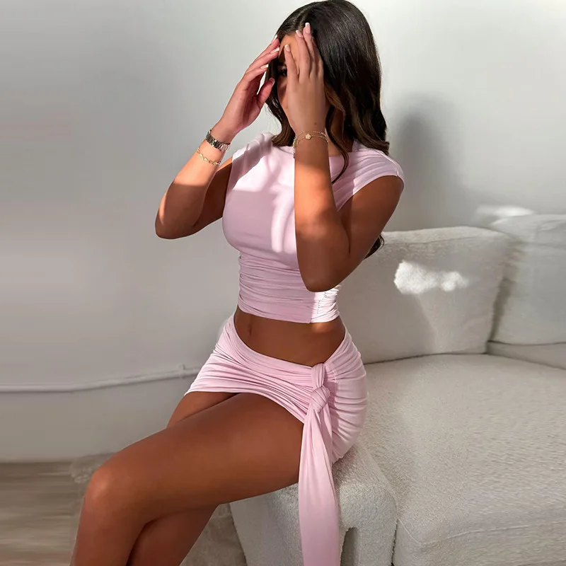 Gtpdpllt Sexy Crop Top And Draped Mini Skirt Sets Women 2 Piece Outfit Summer Clothes Women 2024 Club Dress Suits
