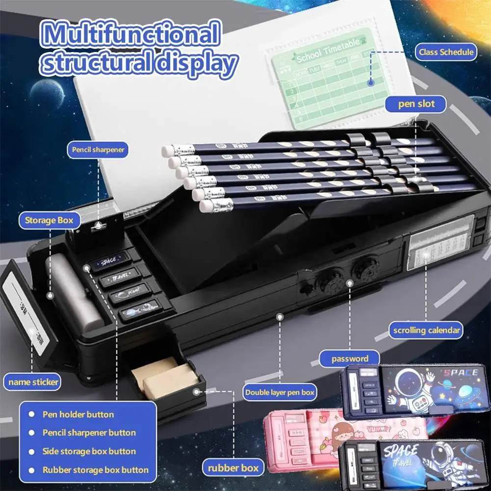 Multifunctional Stationery Box Password Lock Large Capacity Multi-layer Hidden Grid Pencil Sharpener Course Schedule Pencil Case