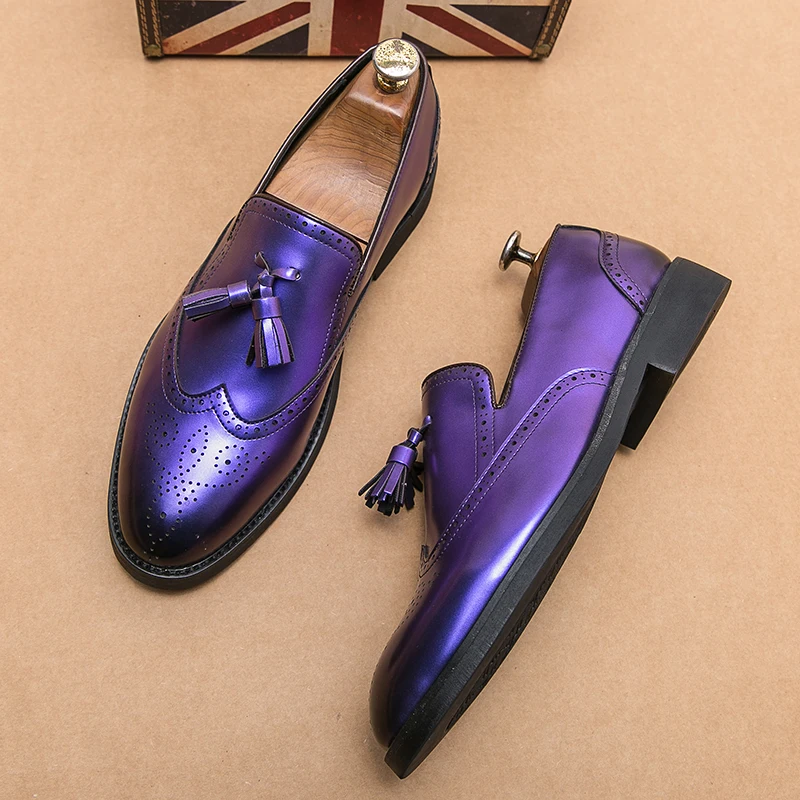 

Fashion Evening Party Men Dress Shoes Green Purple Men's Formal Shoes Luxury Groom Wedding Male Oxfords Brogue Plus Size 38-48