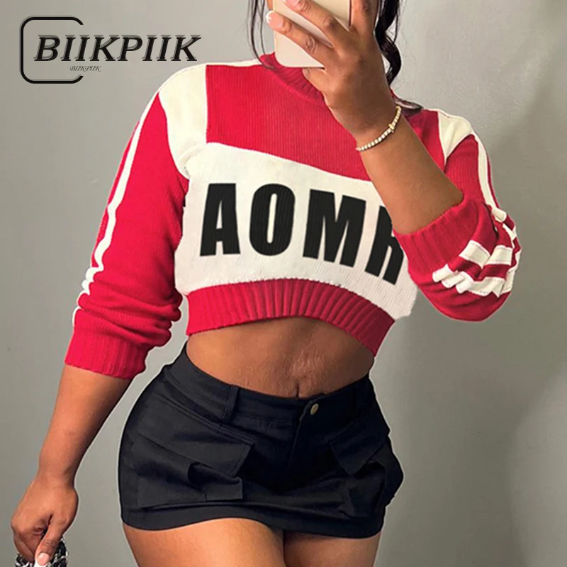 

BIIKPIIK Moto&biker Contrast-color Letter Printed Women Short Sweaters Street Style Side Stripe Pullovers Autumn Fashion Outfits