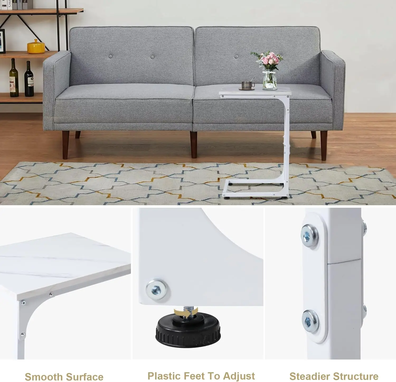 Side Table, for Couch, Bed, Chair, Living Room, Bedroom, Slides Under Sofa, Tray for Snack, Laptop, TV Dinner 6