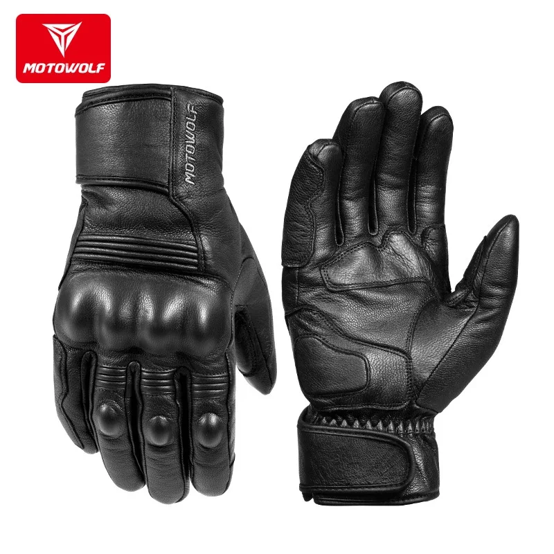 thumbnail image 1 of Guantes de cuero auténtico para motocicleta, resistentes al agua, a prueba de viento, para invierno, cálidos, transpirables, para operar al tacto, protección de palma y puño para Moto, 1 of 5