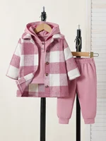 Tenue d'automne pour bébé fille, veste à carreaux rose blanc, sweat-shirt à capuche, pantalon long, ensemble trois pièces, vêtements de rue quotidiens 1