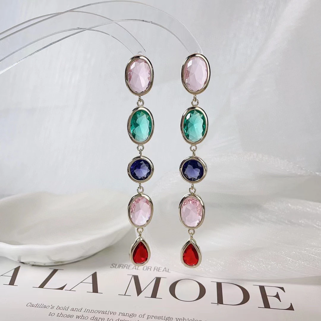 

Fashion Bohemia Tassel Earring Micro-inlay Multicolor Morandi CZ Stone Luxury Women Dangle Earring Wedding Jewelry