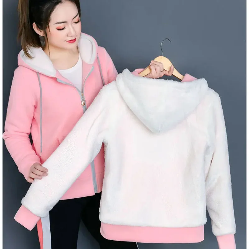 

2022 Spring Autumn New Hoodie Womens Fashion Lamb Wool Double Layer Fleece Cardigan Jacket Hooded Thick Plus Size Sweater Women