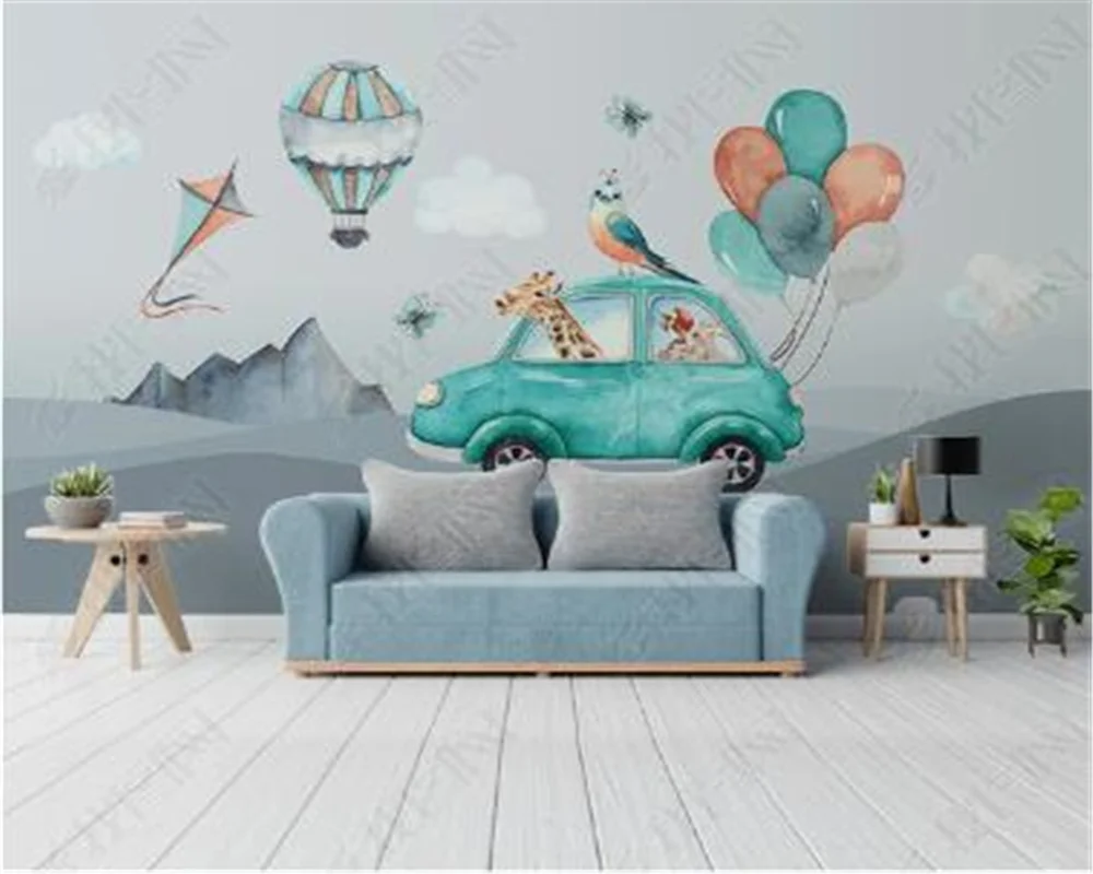 

Milofi Custom wallpaper mural 3D Nordic cartoon hand drawn car giraffe children's room background wall