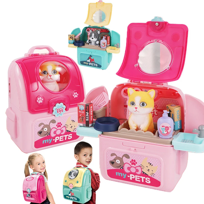Children Pretend Play Toy Simulation Cartoon Animal Pet Backpack Doctor Game Pet Care Set Interactive Toys For Kid Birthday Gift