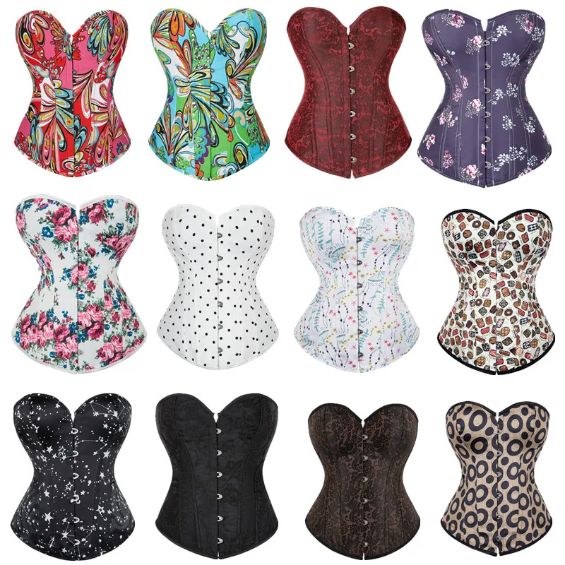 

Fashion Print Overbust Corset Top Women Sexy Bustier Gothic Corsets Plus Size Corselet Lingerie
