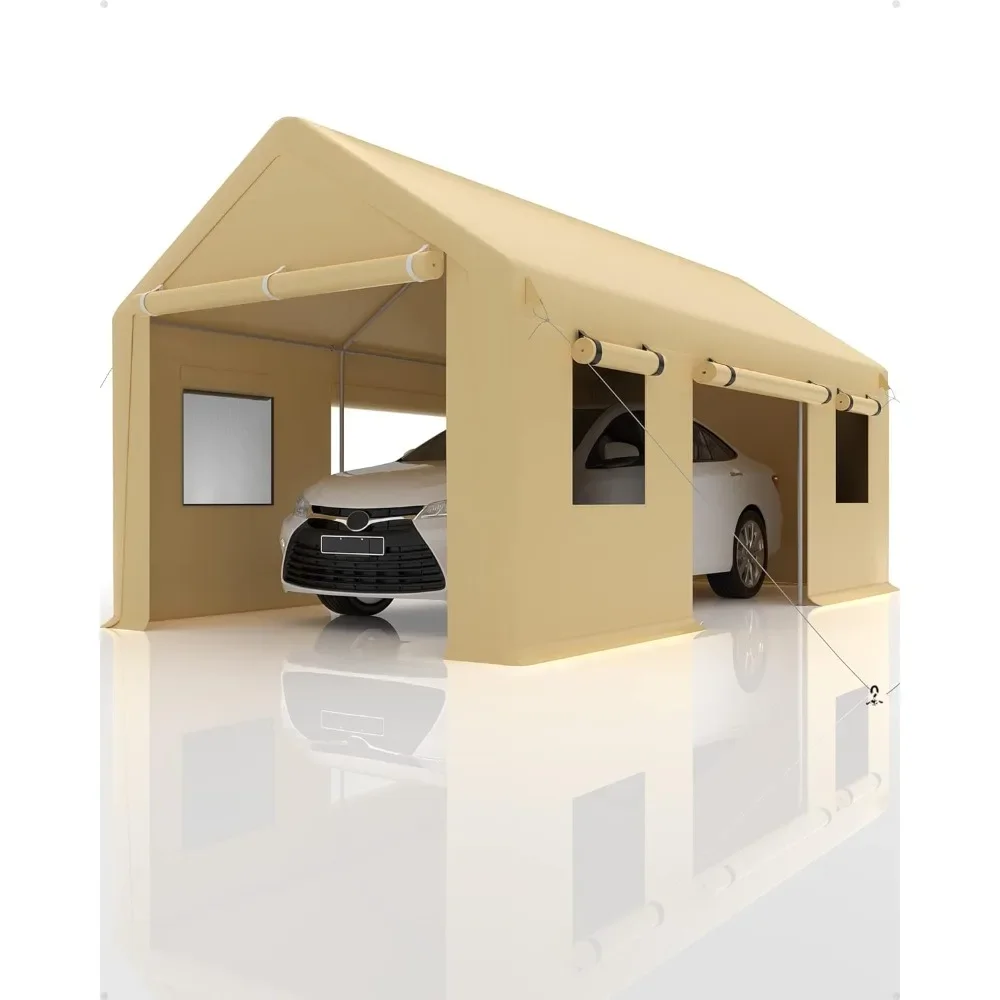 

Carport 10'x20' Portable Garage, Heavy Duty Carport Canopy, Reinforced Steel Poles, 4 Roll-up Doors & 4 Windows for Pickup, Boat