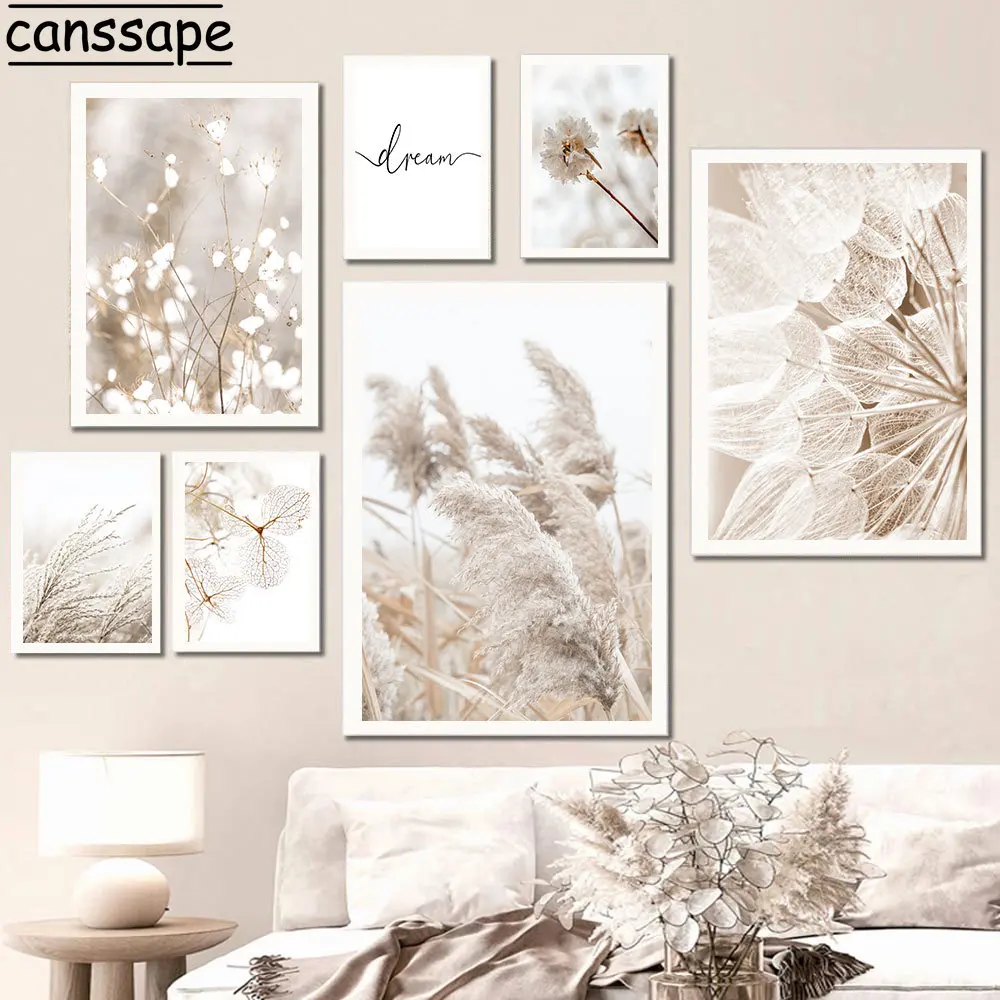 Beige-Landscape-Wall-Pictures-Hay-Reed-Pampas-Wall-Art-Dandelion-White ...