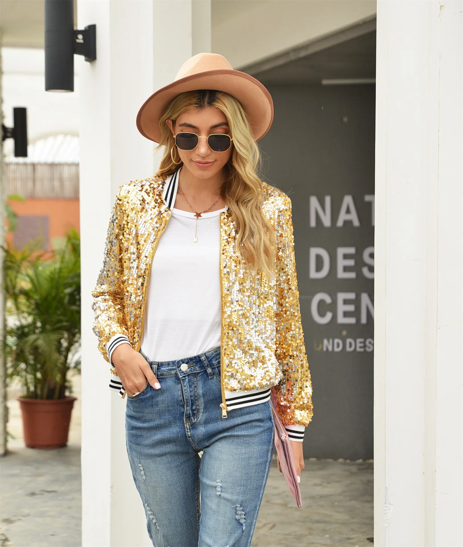 Description Picture 6 of itemWomen's Golden Outerwear Coat Fashion Sequin Long Sleeve Zippered Top Autumn New Style Jacket For Women Red Blue