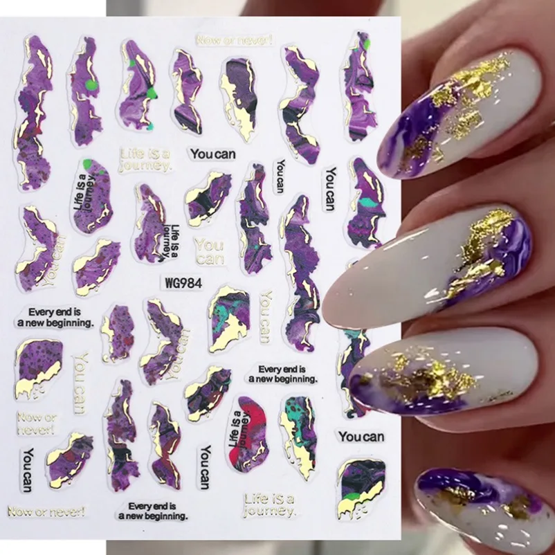 

Purple Marble Nails Stickers Smoke Design Manicure Decals Golden Wave Lines Nail Slider Blooming Ink Sticker