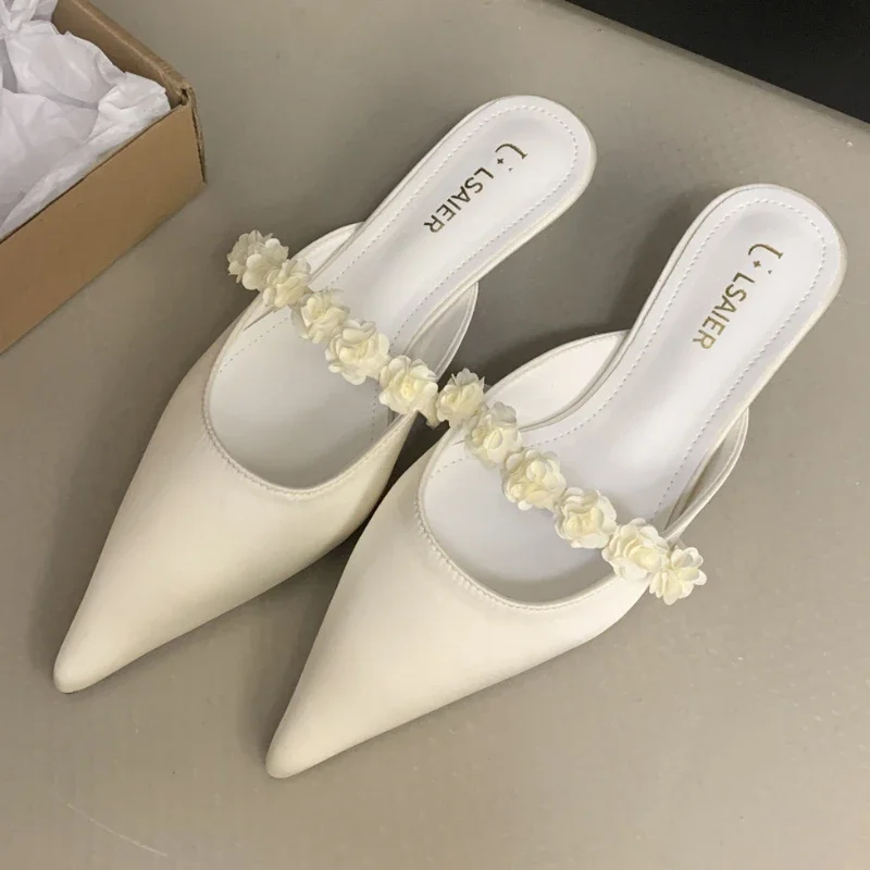 Satin Floral Designer Heeled Sandals Women Pointed toe Mule Pumps Elegant Banquet Slingback Dress Heels Slides Slippers Ladies