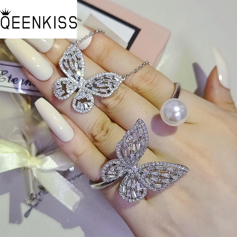 

QEENKISS Butterfly Jewelry Set For Women Shiny Luxury Zircon Necklace+Bracelet Fine Jewelry Wedding Party Bride Girl Gift JS716