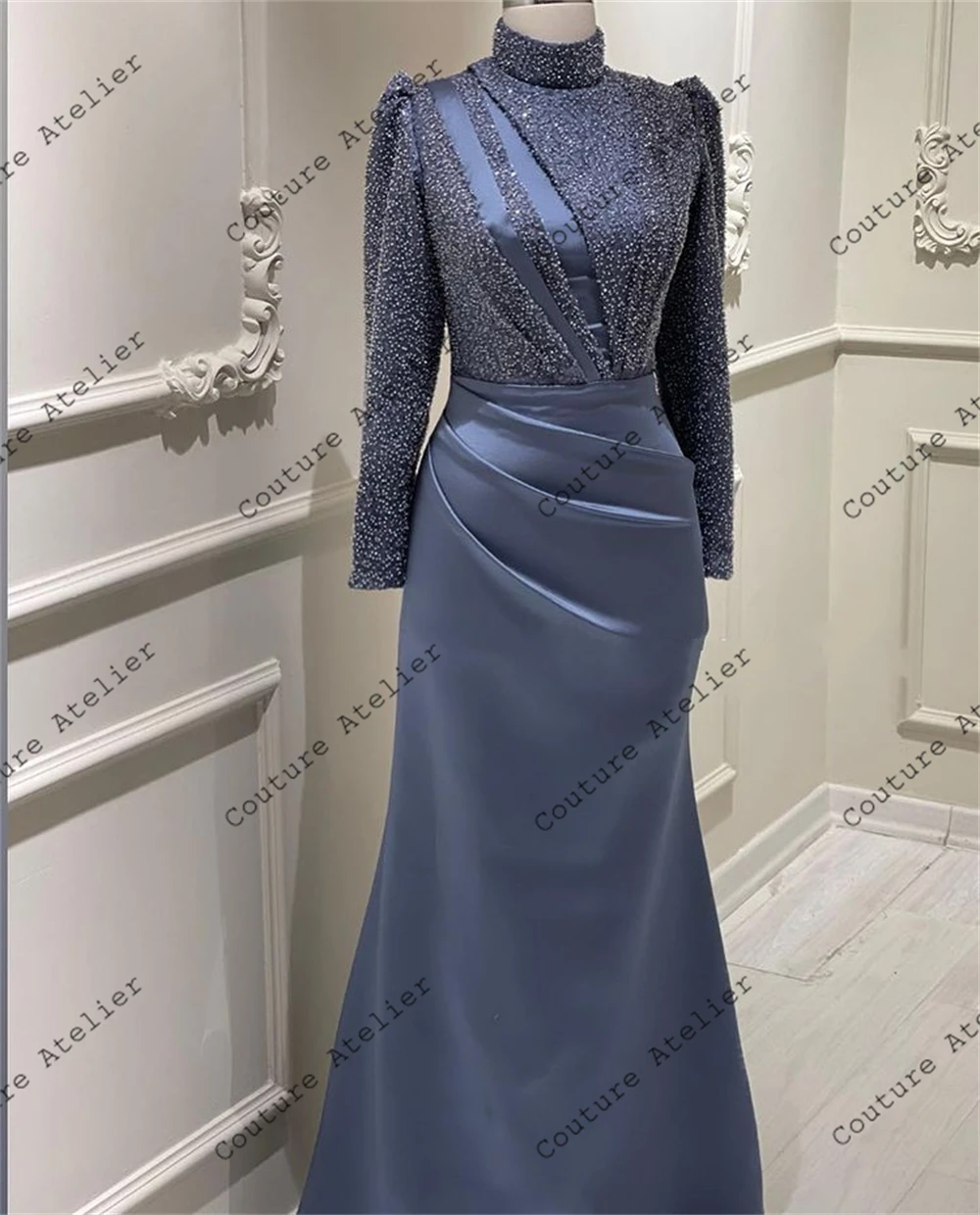 Beaded Muslim Evening Dresses Long Sleeve Elegant Party Dress Dubai Dinner Gowns A Line  فساتين السهرة blue ball gown