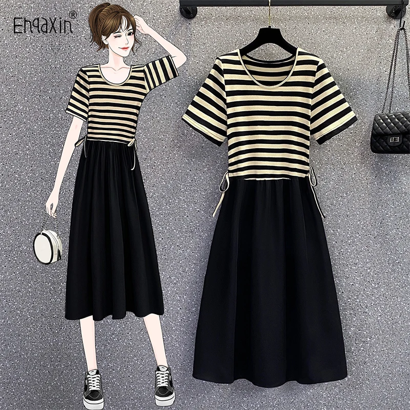 

EHQAXIN Summer New Women's Dress Fashion 2023 Versatile Loose Stripe Splice Lace-Up Casual Short Sleeve Long Dress Ladies L-5XL