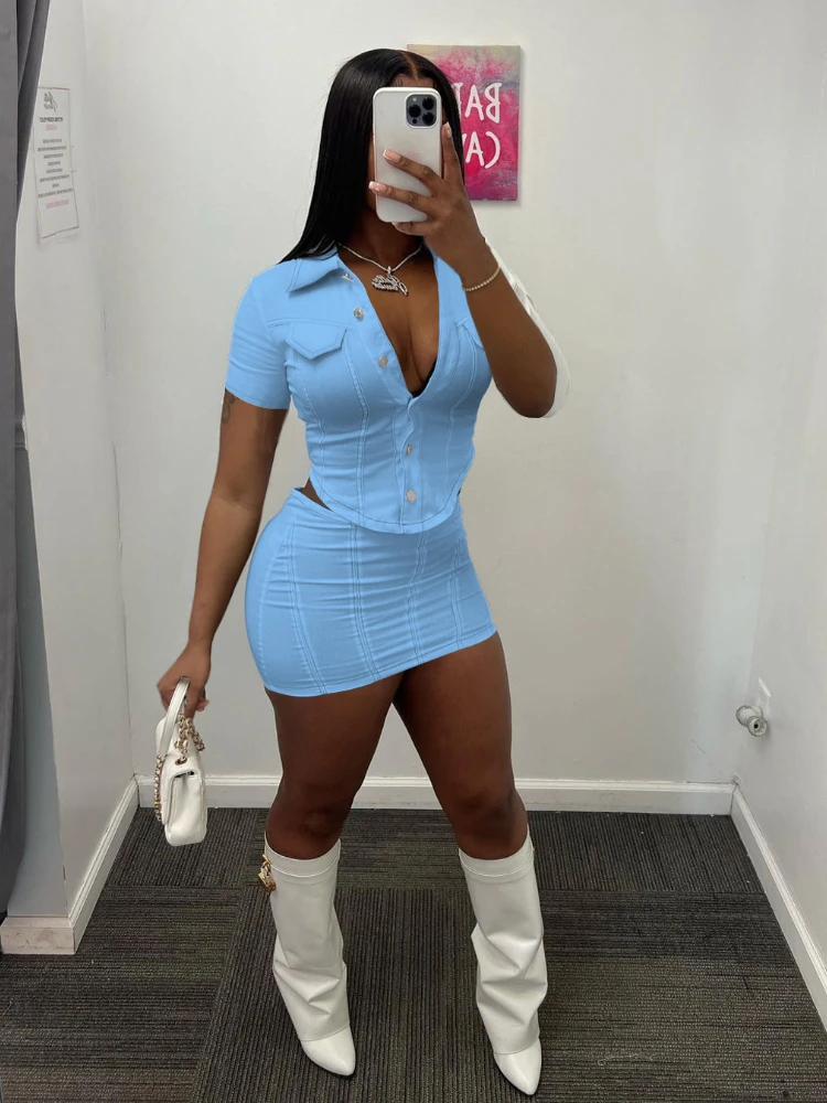 

New Fashion Sexy Skirt Set 2023 Spring Summer Women's Double-button Button Top Short Skirt Sports 2 Piece Sets Women Outfit