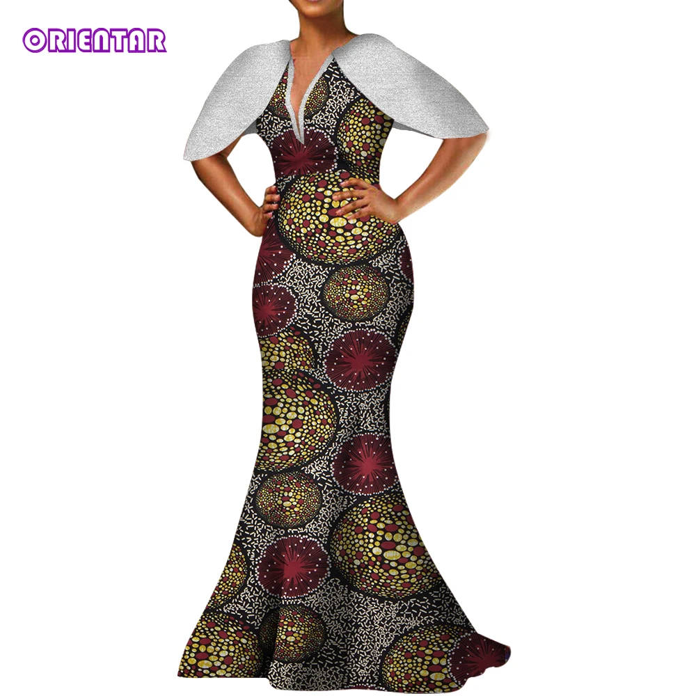 Women African Dress Bazin Riche Wax Print Dashiki Dress Deep V-neck Shoulder-bare Sleeves Wedding Party Lady Long Dress WY3752 kpop jang won young elegant floral dress women summer sexy lace up mini dress lady korean party puff sleeves fairy dress