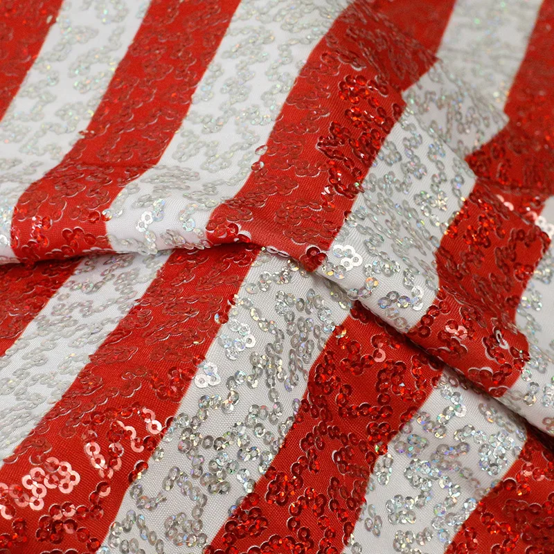 Glitzy Embroidery Sequin Red Stripe Printed Stretch Knit Ground Clothsing Making Party Events Dancewear Fabric