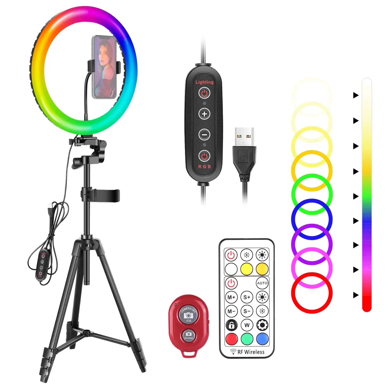 NEEWER RGB LED 링 라이트, USB 밝기 조절, 사진 스튜디오 필 램프, 삼각대 스탠드, 433MHz 리모컨, 10 인치
