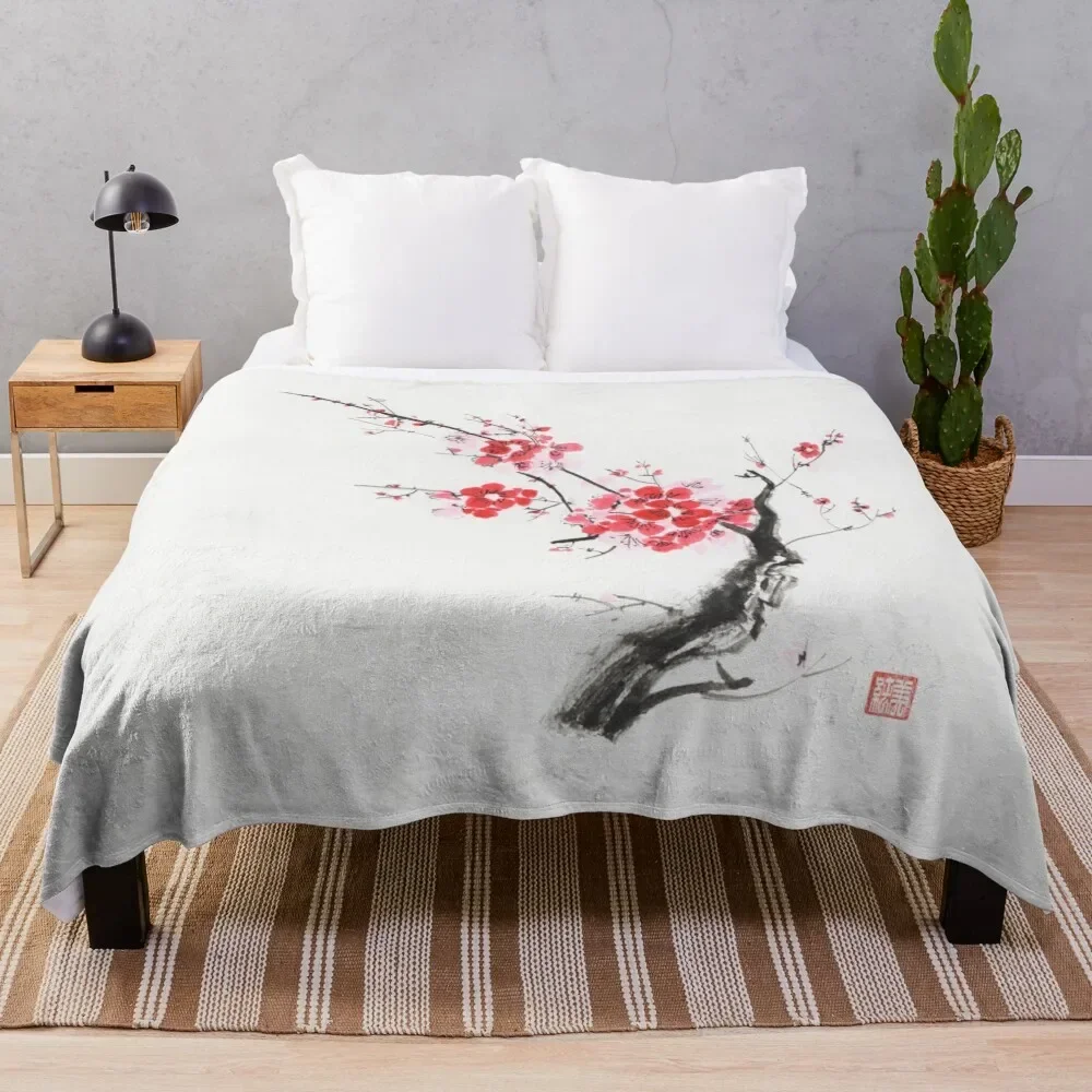 

Cherry blossom abstract Japanese Zen painting of Sakura branch with red flowers on white art print Throw Blanket