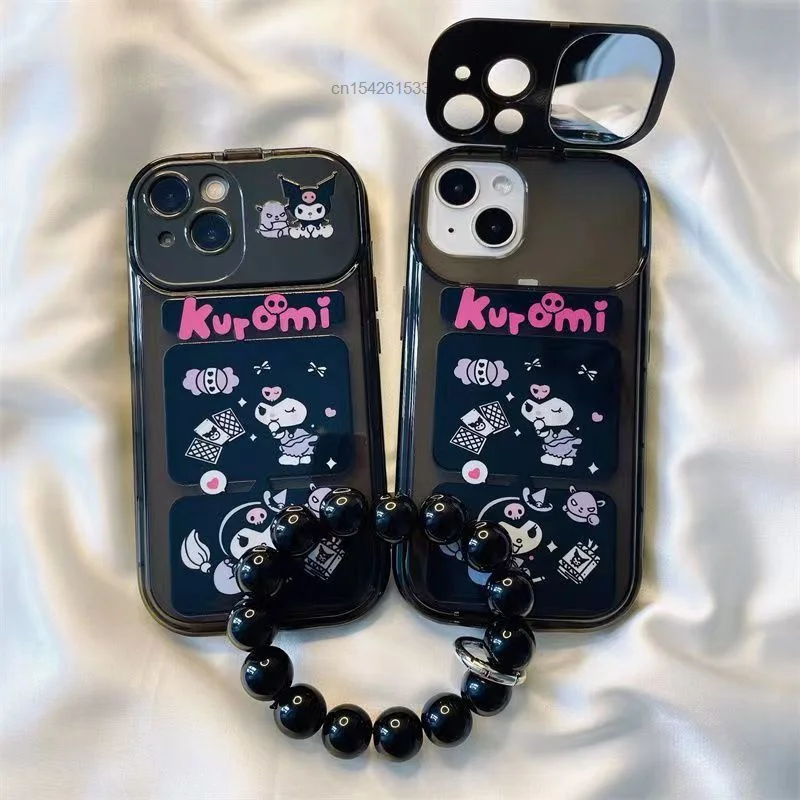 Sanrio Kawaii Kuromi Cartoon Phone Case With Makeup Mirror For Iphone X Xr  Xs 7 8 11 12 13 14 Plus Pro Max Se2 Aesthetic Shell