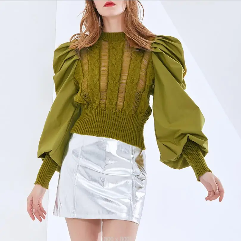 

Элегантный свитер в стиле пэчворк для женщин, Повседневные вязаные пуловеры с круглым вырезом и длинными рукавами-фонариками, модные женские топы, зима 2022, p625