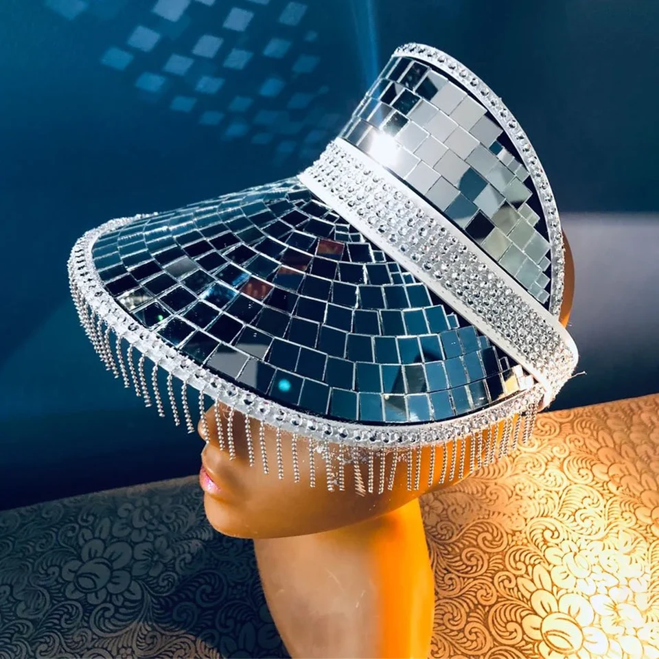 Yoiemivy Disco-Helm mit einziehbarem Visier Glitzer Spiegel Glas Disco Ball Helm Punk Disco Ball Kostüm Hut für Bar DJ Club Party