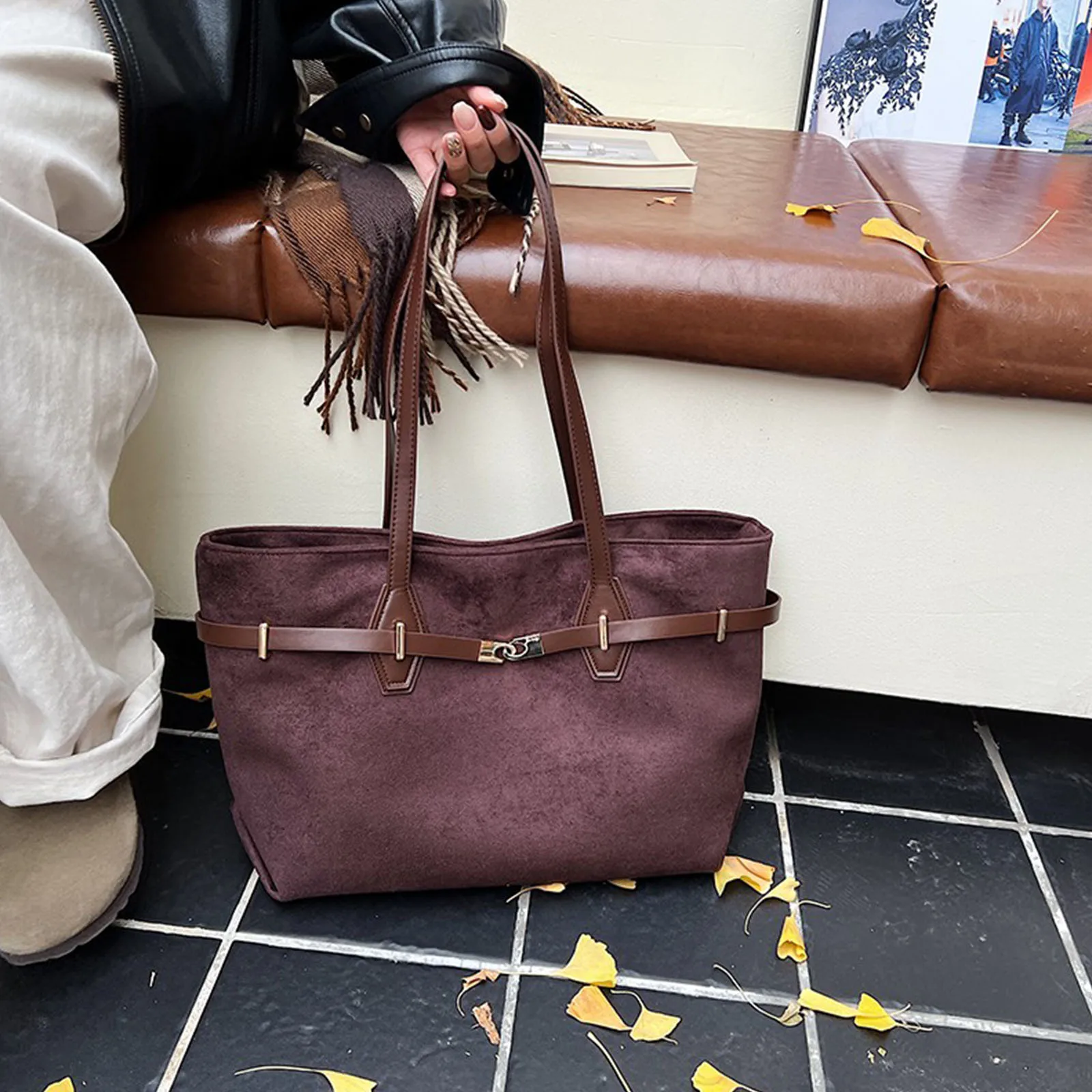 PU Leather Frosted Shoulder Bag Solid Color Simple Tote Handbag Faux Suede All-Match Underarm Bag Work Date Shopping Handbag