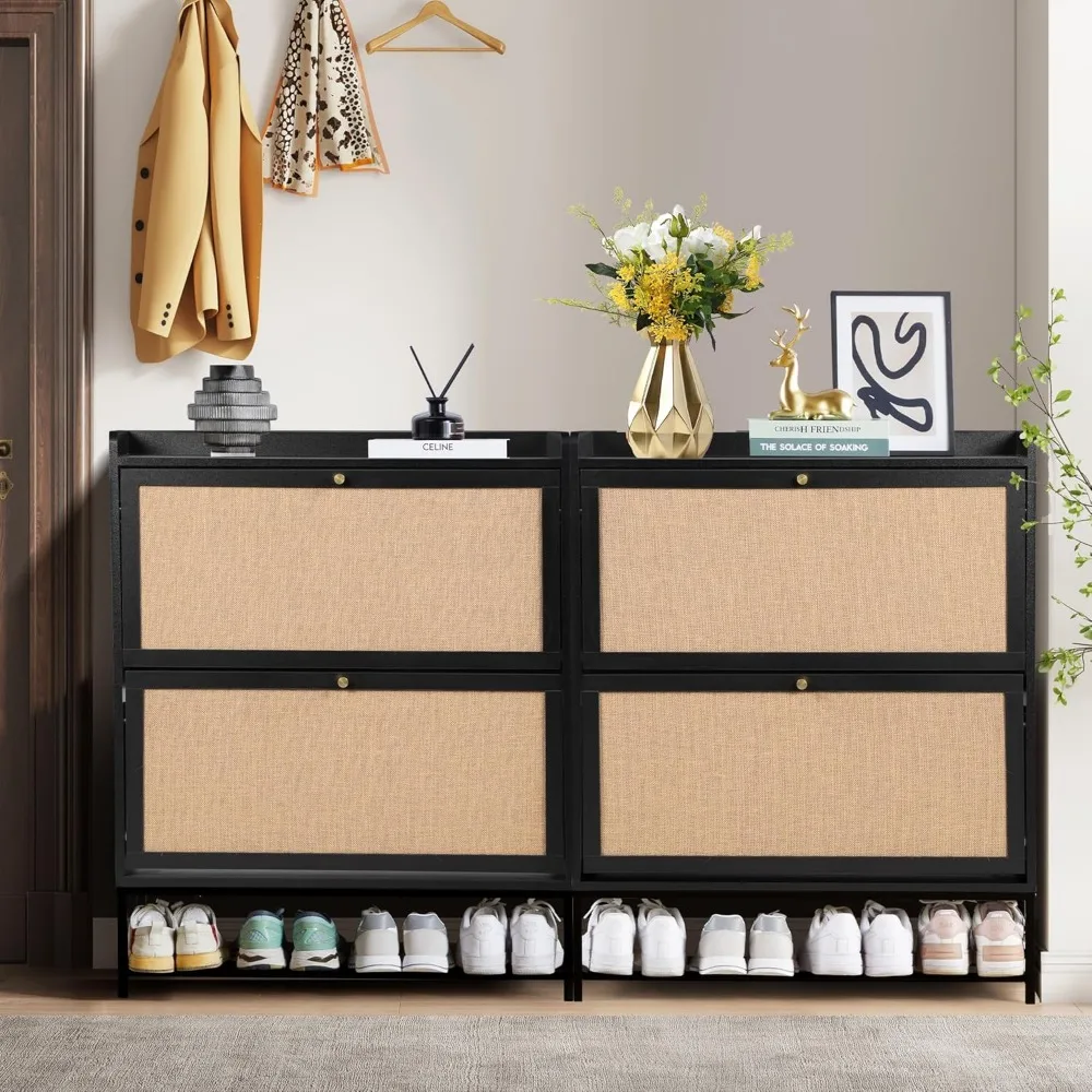 Shoe Cabinet for Entryway, Black Slim Shoe Cabinet with 2 Flip Drawers Narrow Shoe Storage Cabinet, 2 Tier Freestanding 3
