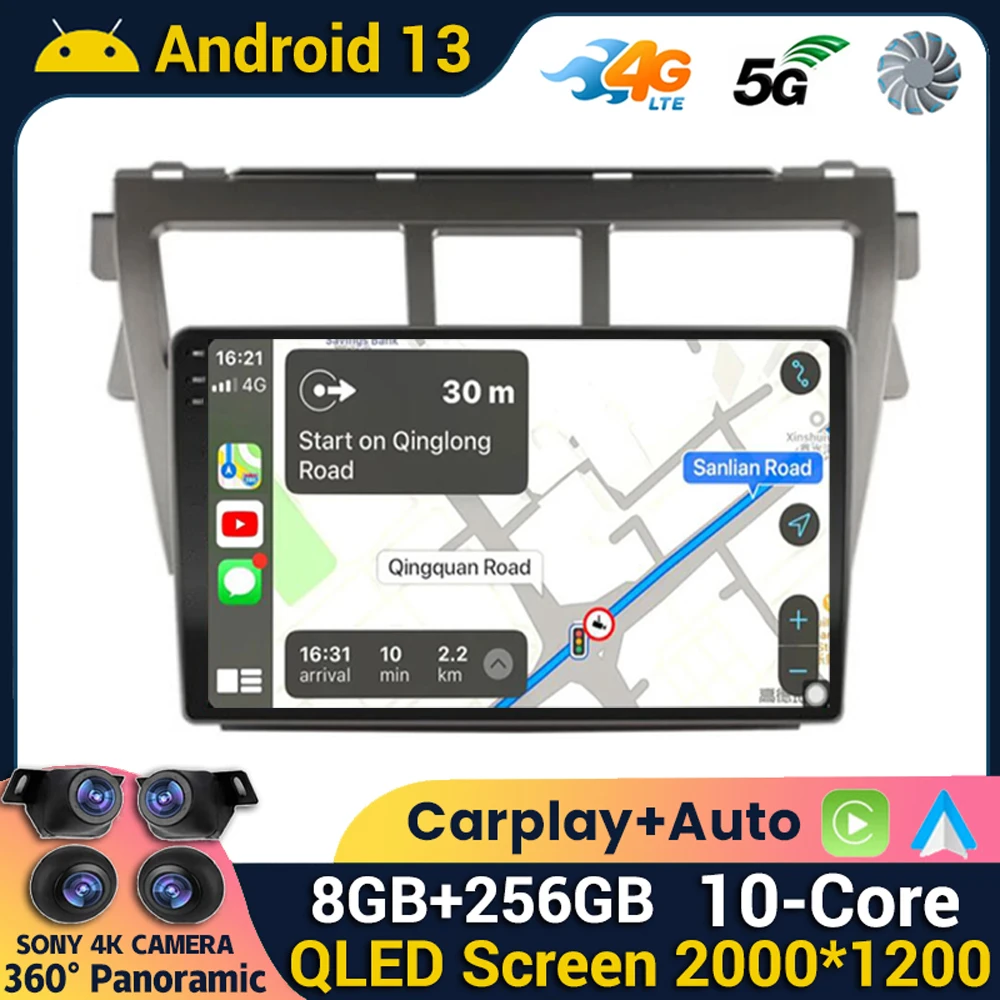 

Автомобильный радиоприемник Carplay, Android 13, для Toyota VIOS Yaris 2007 2008 2009 2010 2011 2012, стерео, GPS, мультимедийный плеер, Wi-Fi + 4G DSP