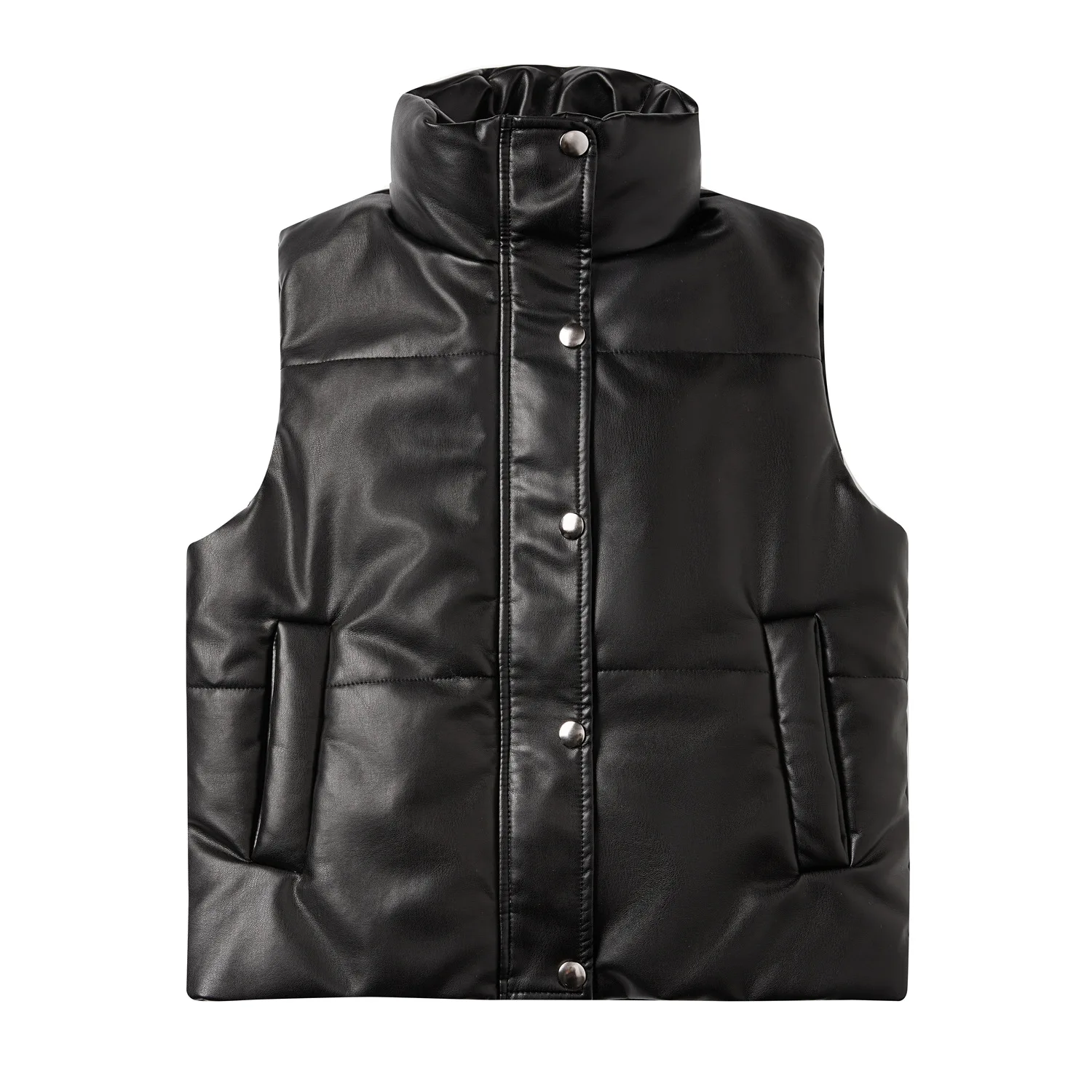 

Womens Puffy Vest Black Pu Leather Vest Woman Jacket Coat Autumn Winter Outwear Zipper Puffer Vest Female Sleeveless Jackets