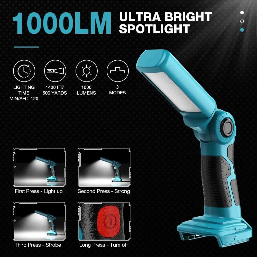 ŰŸ 18V Ƭ ̿ ͸ LED ۾ , BL1850, BL1830, ޴ ƮƮ ũ , USB 5V 2.1A, 12W, 1000LM