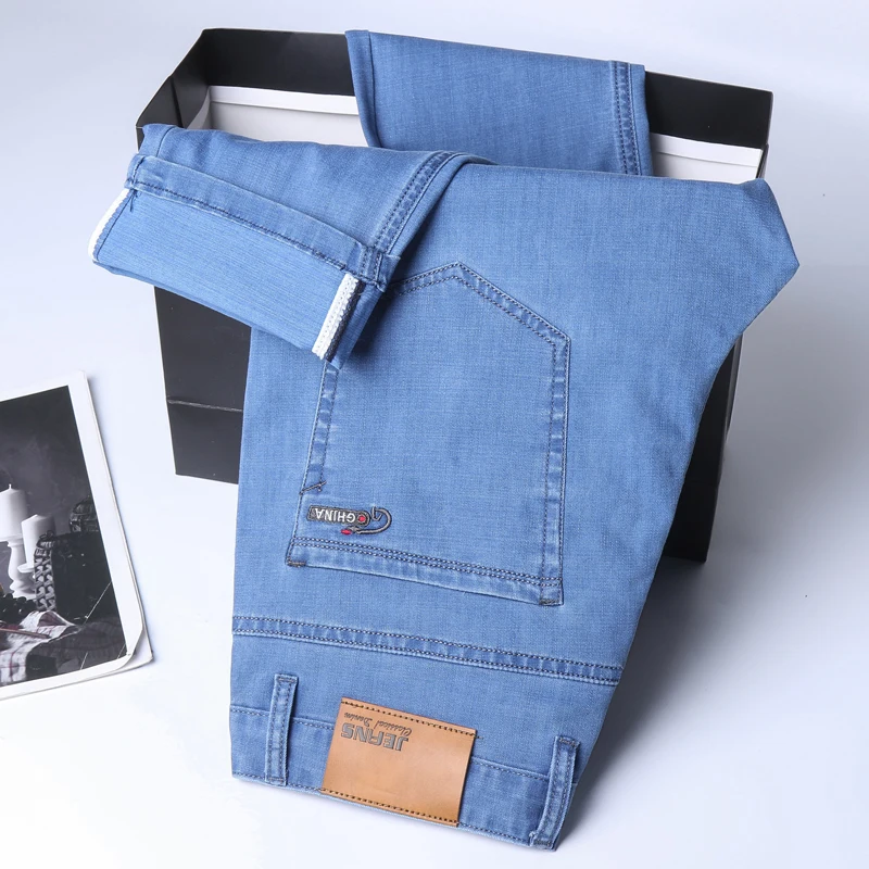 

2023 Spring/summer Thin Denim Straight Cotton Stretch Jeans Men Business Casual Cloth High Waist Ice Silk Lightweight Trousers