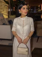 HH Women New Fashion White Skirt Suit O-Neck Crocheting Details Short-Sleeve Blouse With Side Zipper Pleated Midi Long Skirt - Image 5