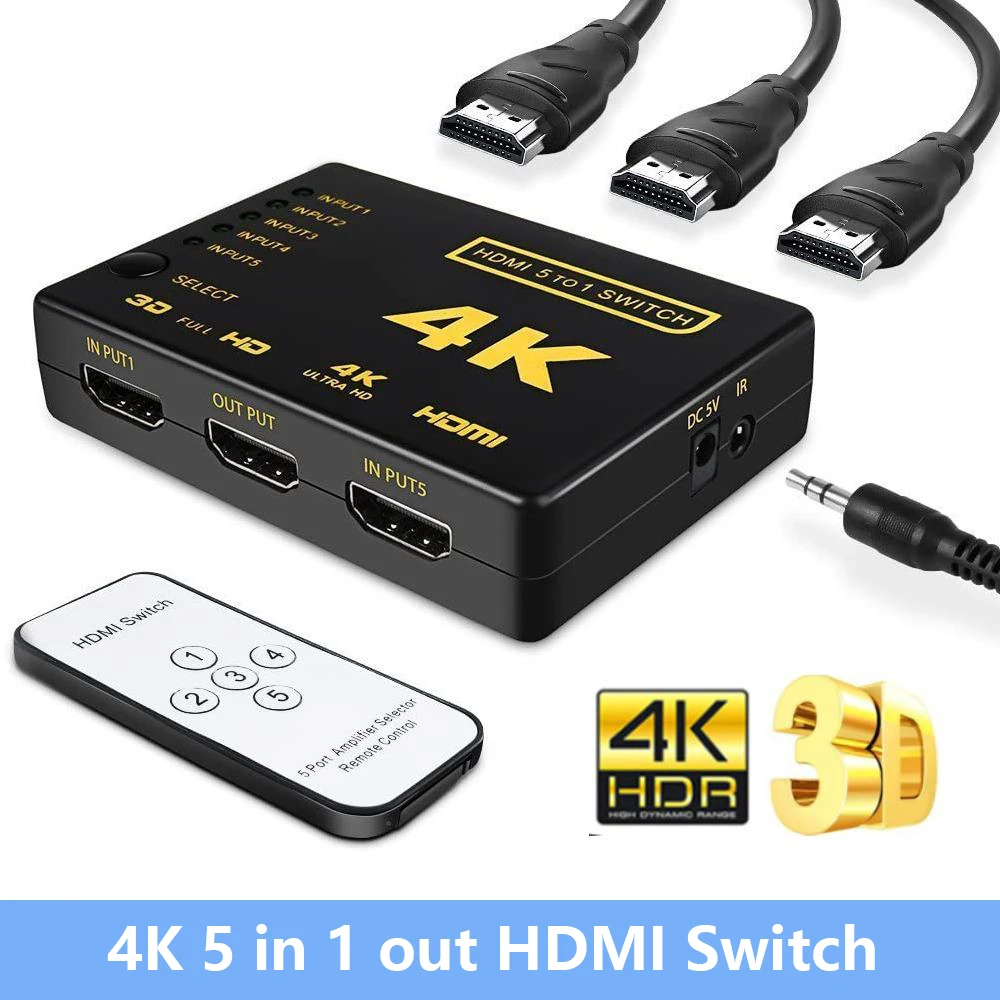 

HDMI-compatible Switcher 4K 5 in 1 out HD 1080P Video Cable Splitter 5x1 3x1 Hub Adapter Converter for Xbox PS4 DVD HDTV PC